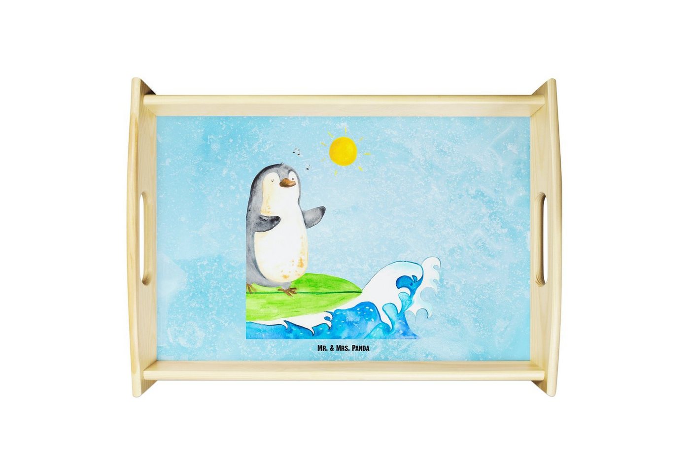 Mr. & Mrs. Panda Tablett Pinguin Surfer - Eisblau - Geschenk, surfen, Pinguine, Frühstückstabl, Echtholz lasiert, (1-tlg), Kratzfeste Oberfläche von Mr. & Mrs. Panda