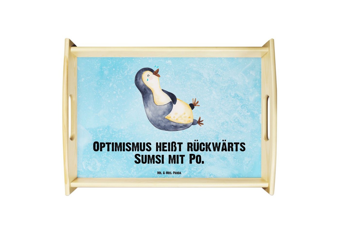 Mr. & Mrs. Panda Tablett Pinguin lachend - Eisblau - Geschenk, Humor, Holztablett, funny, Fröh, Echtholz lasiert, (1-tlg) von Mr. & Mrs. Panda