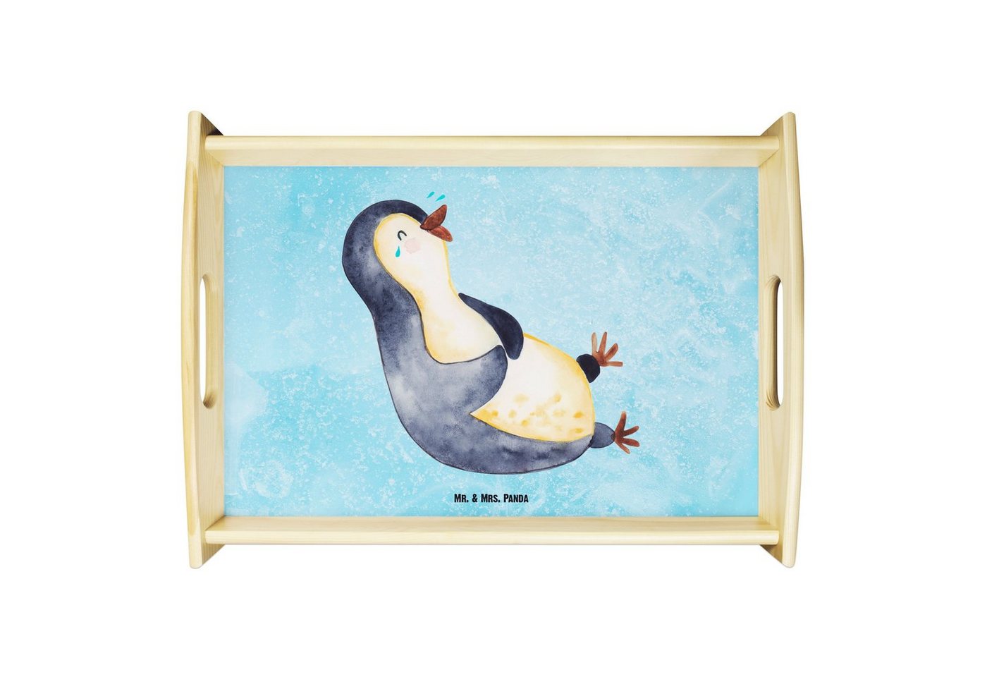 Mr. & Mrs. Panda Tablett Pinguin lachend - Eisblau - Geschenk, Pinguine, Frühstückstablett, Ta, Echtholz lasiert, (1-tlg) von Mr. & Mrs. Panda
