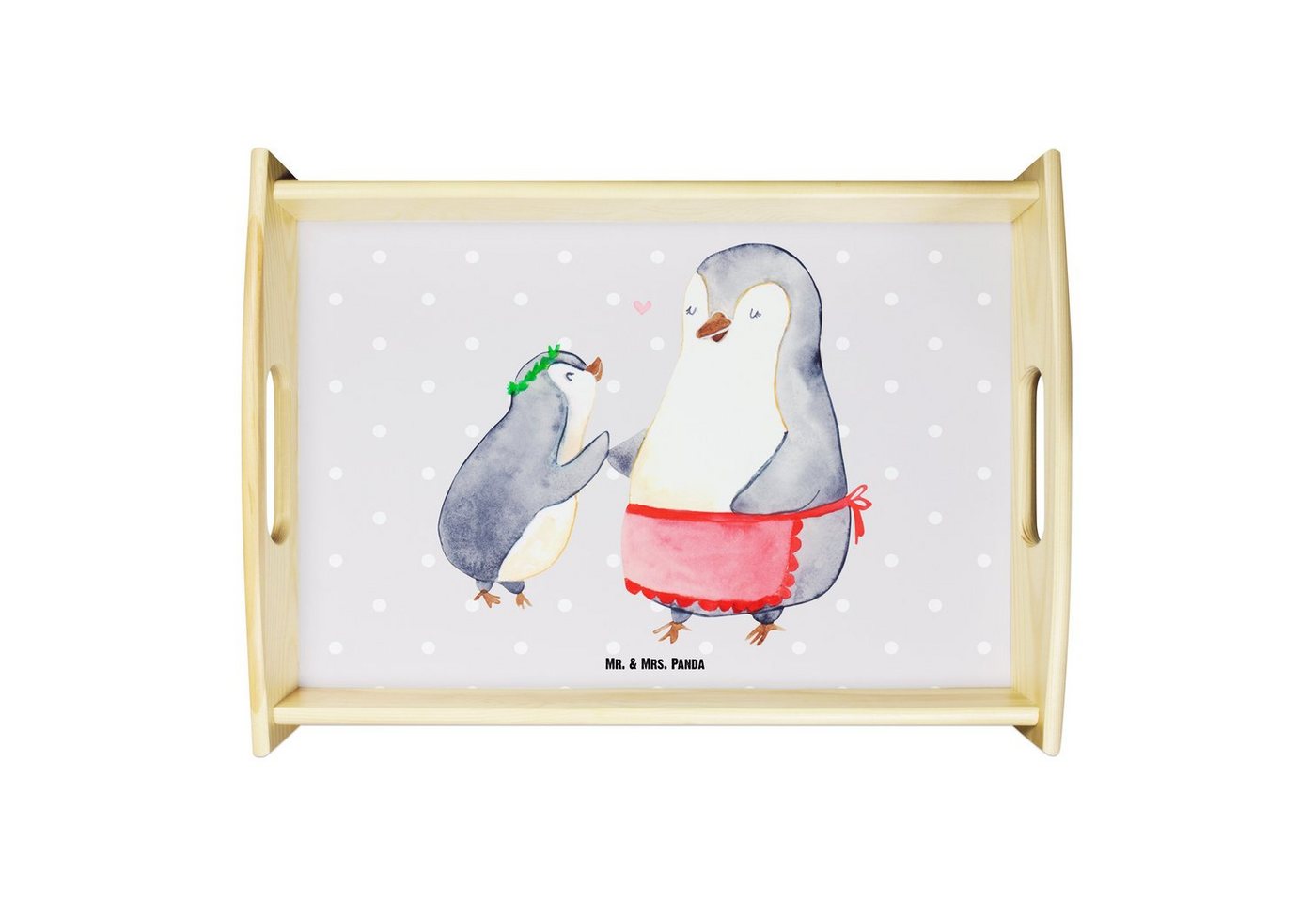Mr. & Mrs. Panda Tablett Pinguin mit Kind - Grau Pastell - Geschenk, Dekotablett, Tablett, Küc, Echtholz lasiert, (1-tlg), Anti-Rutsch Pads von Mr. & Mrs. Panda