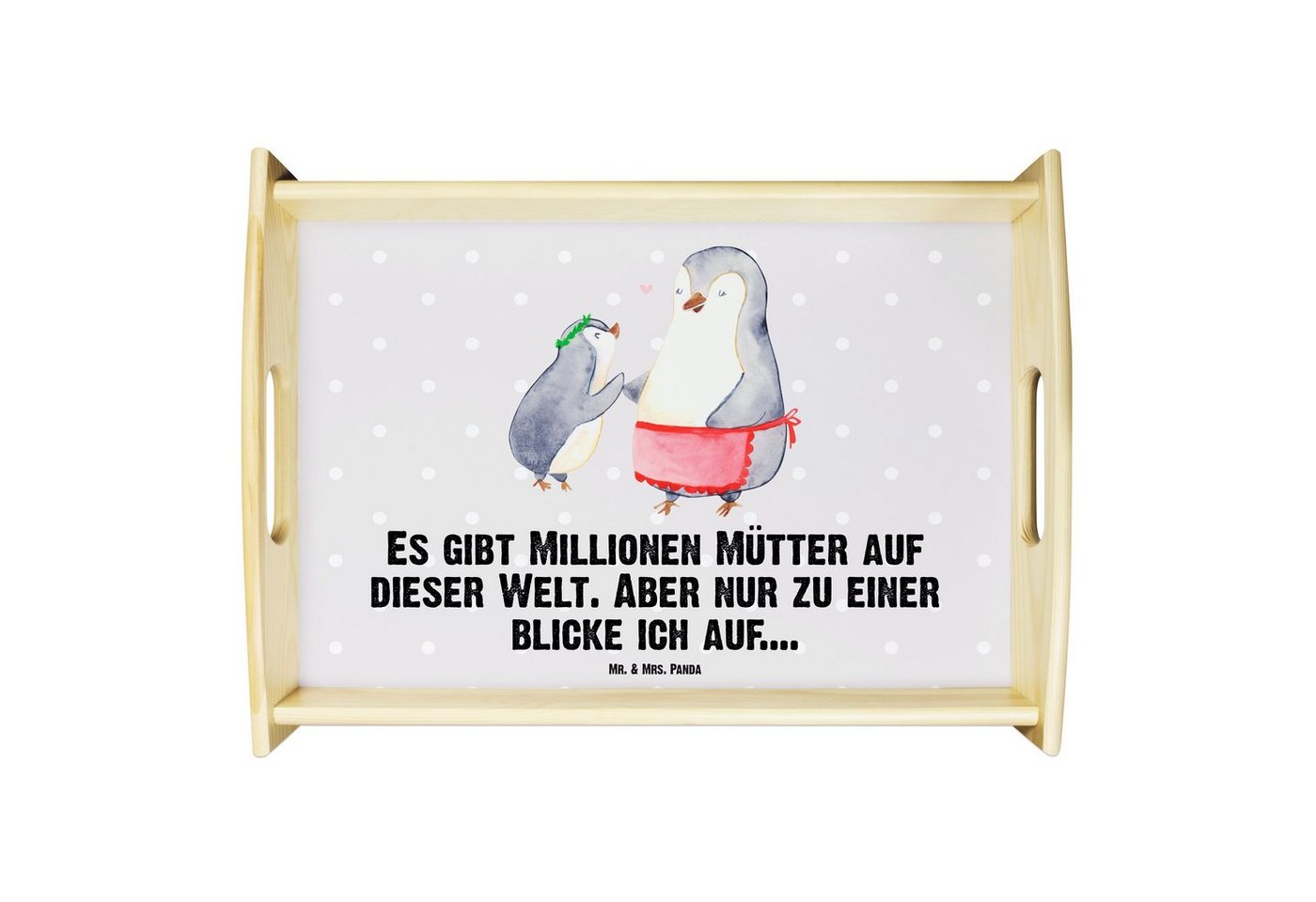 Mr. & Mrs. Panda Tablett Pinguin mit Kind - Grau Pastell - Geschenk, Mom, Mami, Muttertag, Mam, Echtholz lasiert, (1-tlg), Kratzfeste Oberfläche von Mr. & Mrs. Panda