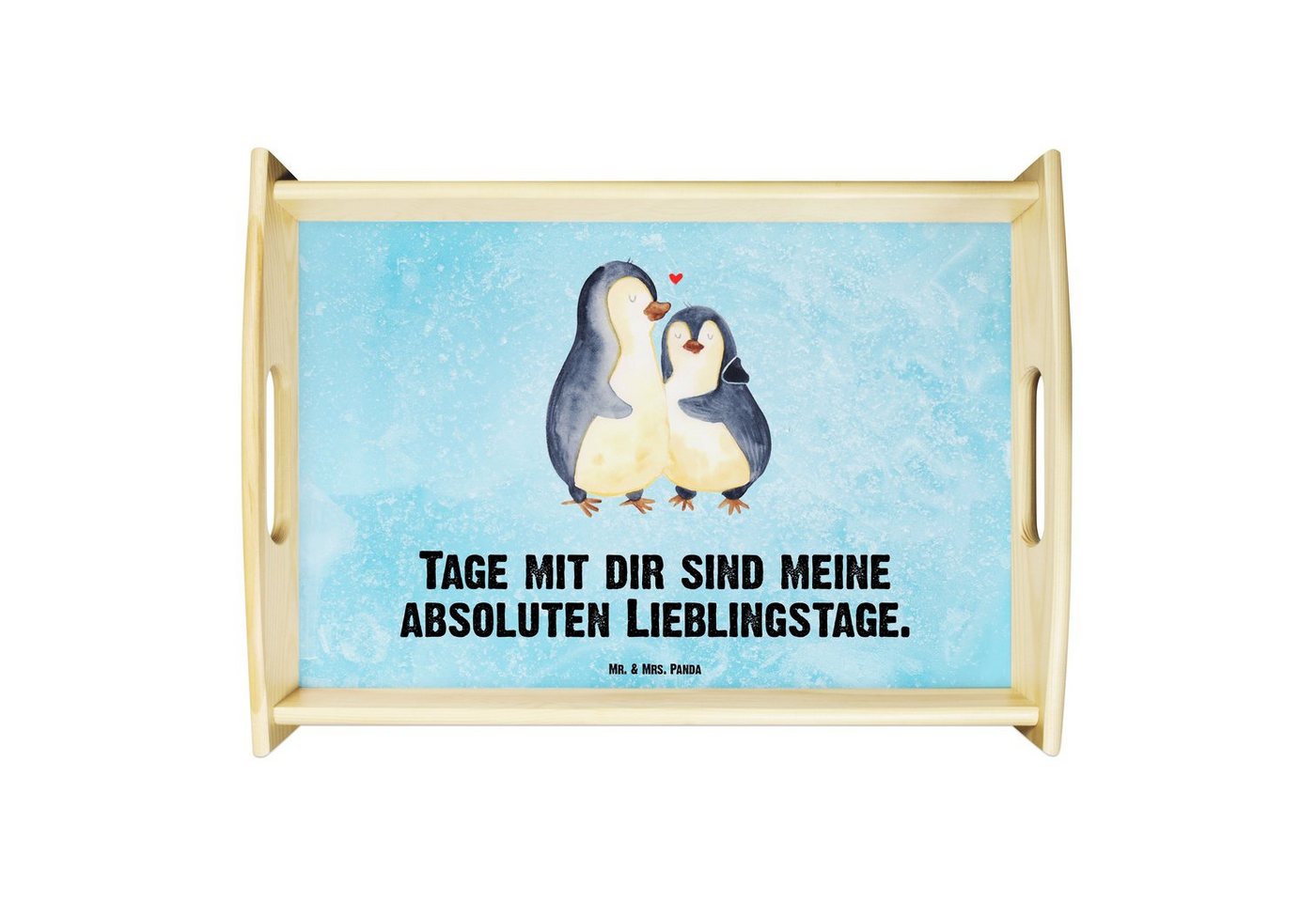 Mr. & Mrs. Panda Tablett Pinguin umarmen - Eisblau - Geschenk, Liebesgeschenk, Dekotablett, Li, Echtholz lasiert, (1-tlg), Kratzfeste Oberfläche von Mr. & Mrs. Panda