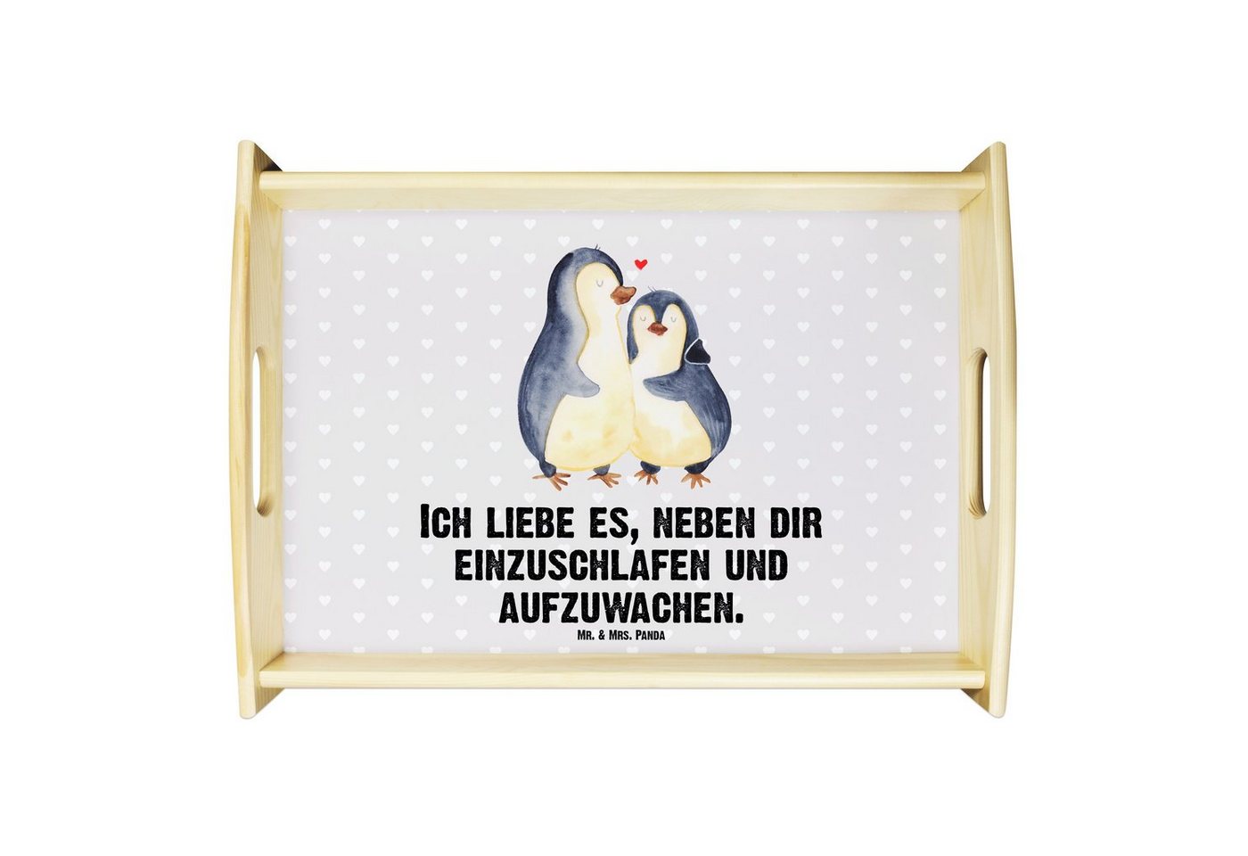 Mr. & Mrs. Panda Tablett Pinguine Einschlafen - Grau Pastell - Geschenk, Verlobung, Jahrestag, Echtholz lasiert, (1-tlg), Strahlender Aufdruck von Mr. & Mrs. Panda