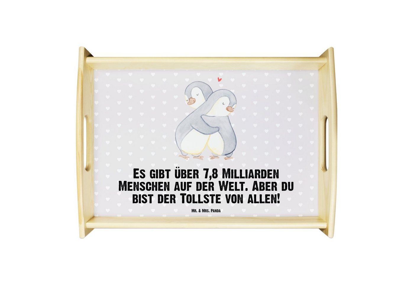 Mr. & Mrs. Panda Tablett Pinguine Kuscheln - Grau Pastell - Geschenk, Freund, Liebesgeschenk, Echtholz lasiert, (1-tlg), Anti-Rutsch Pads von Mr. & Mrs. Panda