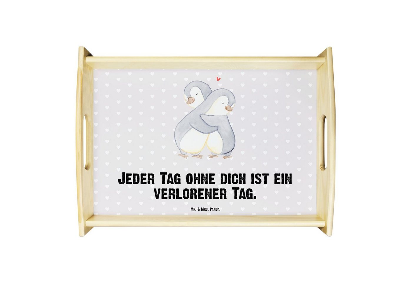 Mr. & Mrs. Panda Tablett Pinguine Kuscheln - Grau Pastell - Geschenk, Geschenk für Freundin, H, Echtholz lasiert, (1-tlg), Anti-Rutsch Pads von Mr. & Mrs. Panda