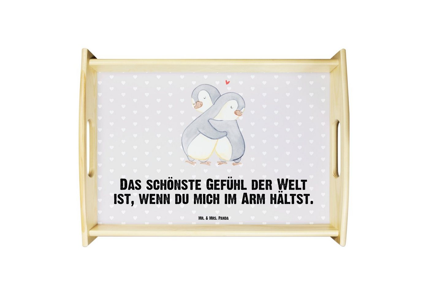 Mr. & Mrs. Panda Tablett Pinguine Kuscheln - Grau Pastell - Geschenk, Küchentablett, Ehemann, Echtholz lasiert, (1-tlg), Strahlender Aufdruck von Mr. & Mrs. Panda