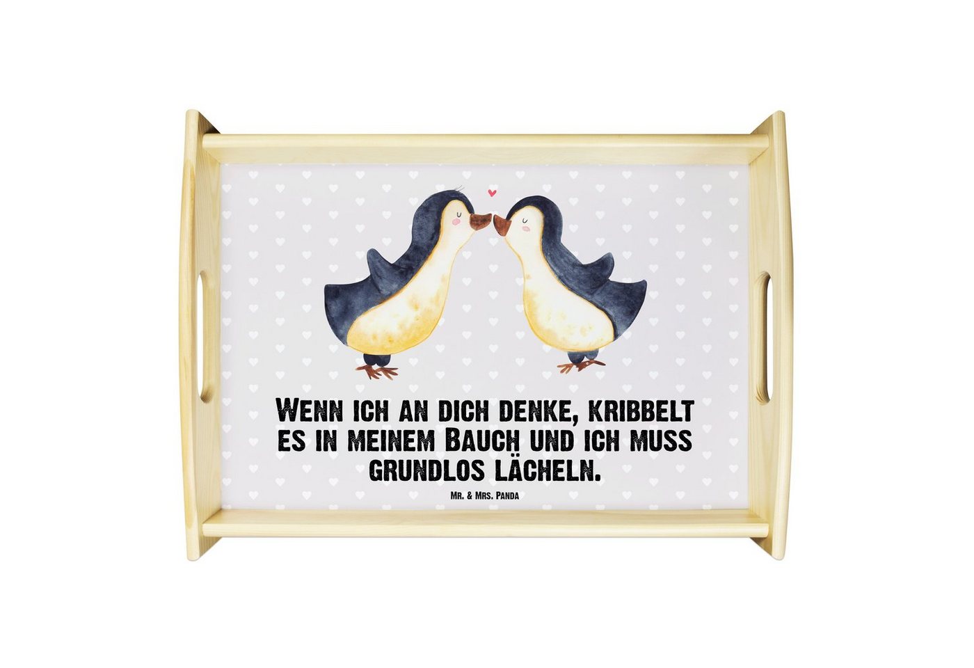 Mr. & Mrs. Panda Tablett Pinguine Kuss - Grau Pastell - Geschenk, Frühstückstablett, Hocheitst, Echtholz lasiert, (1-tlg), Kratzfeste Oberfläche von Mr. & Mrs. Panda