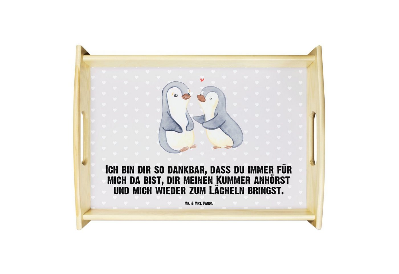 Mr. & Mrs. Panda Tablett Pinguine trösten - Grau Pastell - Geschenk, Ehefrau, Geschenk für Par, Echtholz lasiert, (1-tlg), Kratzfeste Oberfläche von Mr. & Mrs. Panda