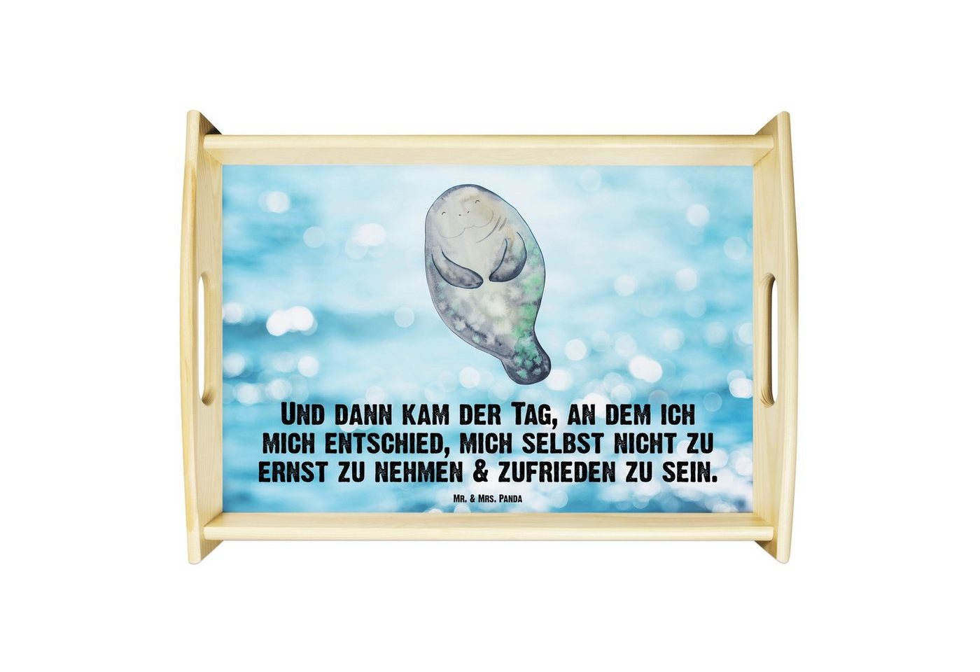 Mr. & Mrs. Panda Tablett Seekuh Happy - Oceanblue - Geschenk, Meer, Freundin, Tablett, Holztab, Echtholz lasiert, (1-tlg), Strahlender Aufdruck von Mr. & Mrs. Panda