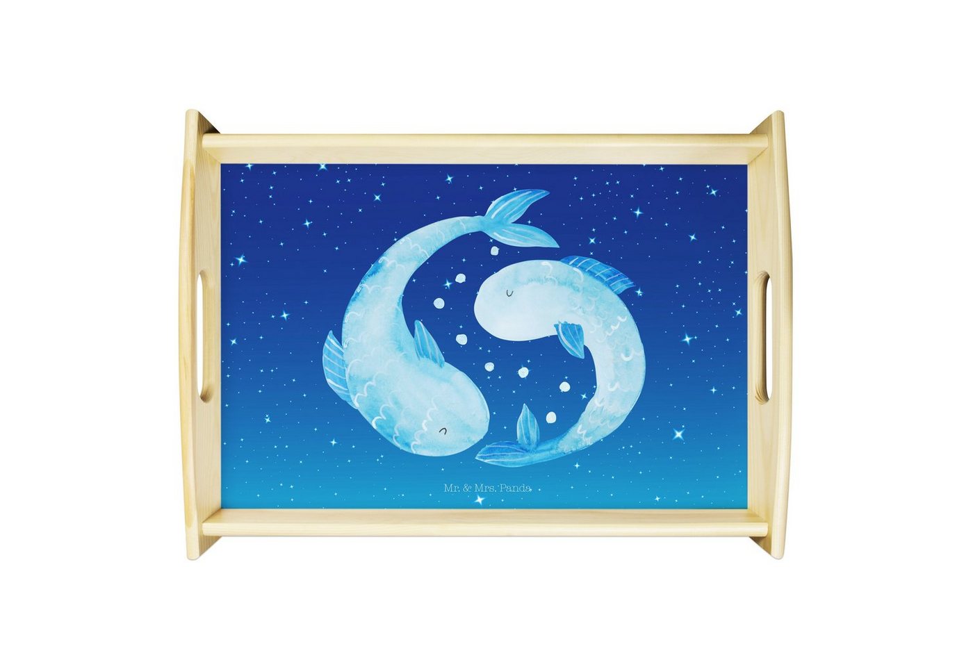 Mr. & Mrs. Panda Tablett Sternzeichen Fische - Sternenhimmel Blau - Geschenk, Fische Geschenk, Echtholz lasiert, (1-tlg), Anti-Rutsch Pads von Mr. & Mrs. Panda