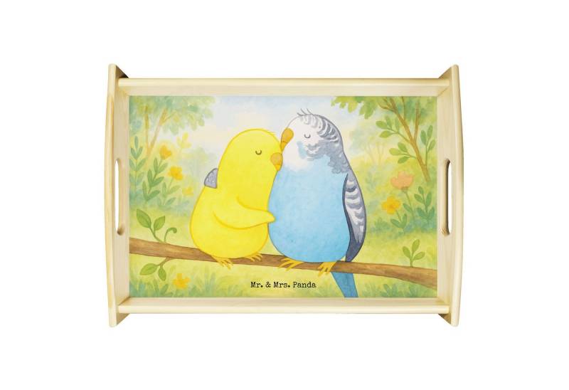 Mr. & Mrs. Panda Tablett Wellensittich Liebe Design, Topfhandschuhe, Weiß, betttablett, Vertra, Echtholz lasiert, (Packung, 1-tlg) von Mr. & Mrs. Panda