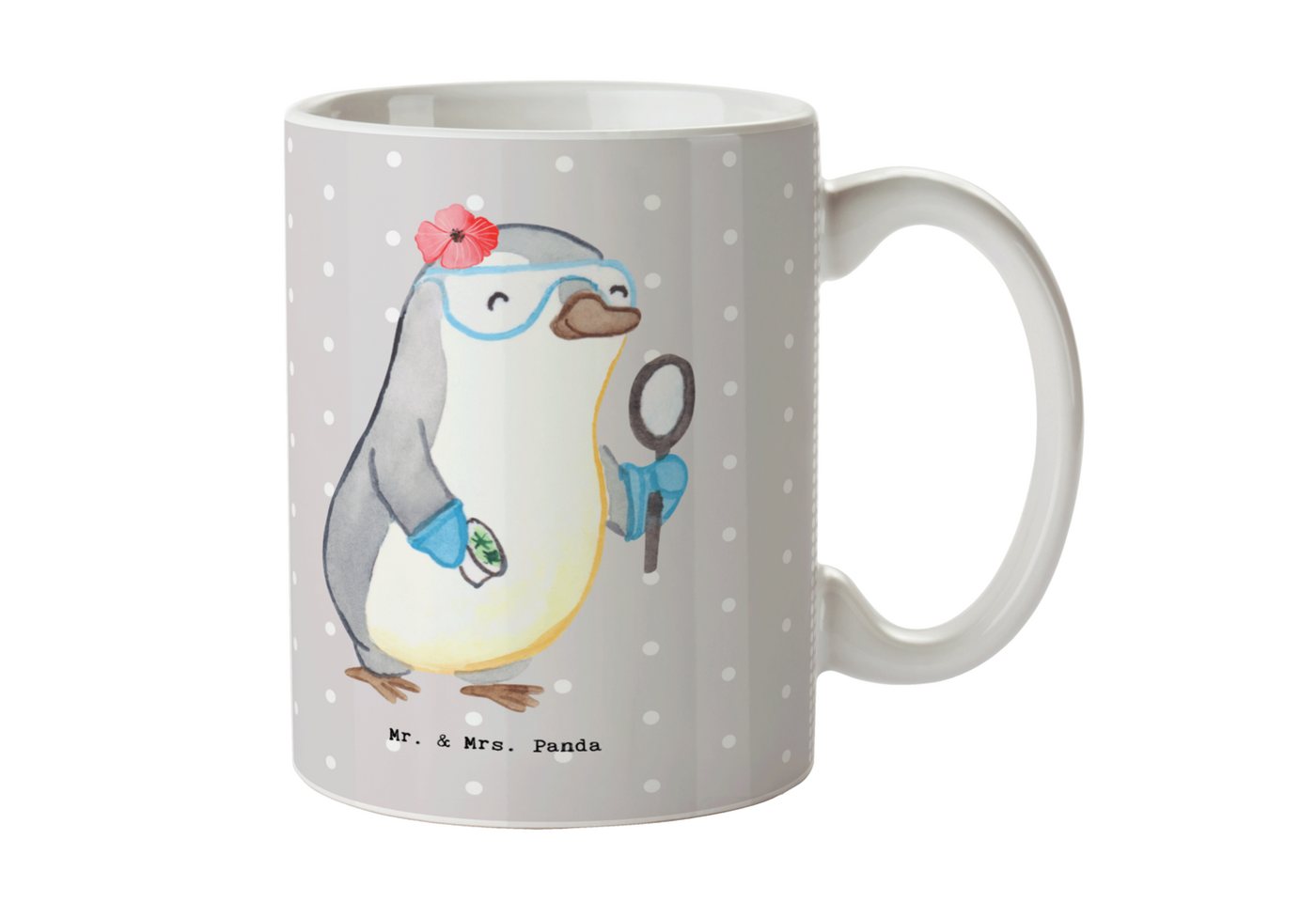 Mr. & Mrs. Panda Tasse Biologin Herz - Grau Pastell - Geschenk, Porzellantasse, Studium, Kol, Keramik, Brillante Bedruckung von Mr. & Mrs. Panda