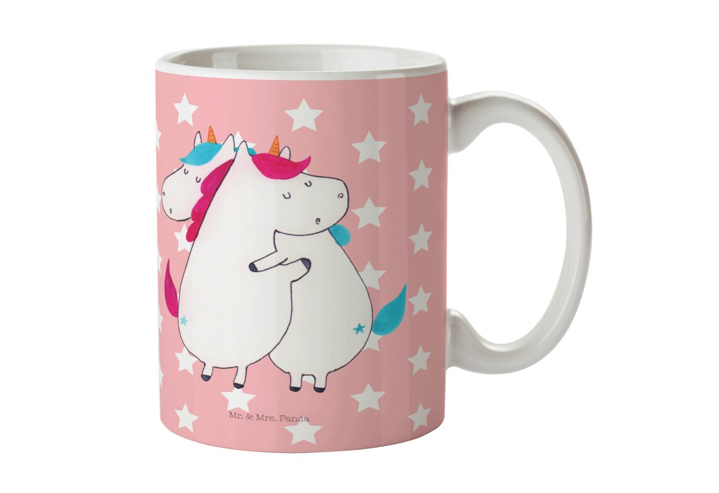 Mr. & Mrs. Panda Tasse Einhörner Umarmen - Rot Pastell - Geschenk, Tasse Sprüche, Pegasus, E, Keramik, Einzigartiges Botschaft von Mr. & Mrs. Panda