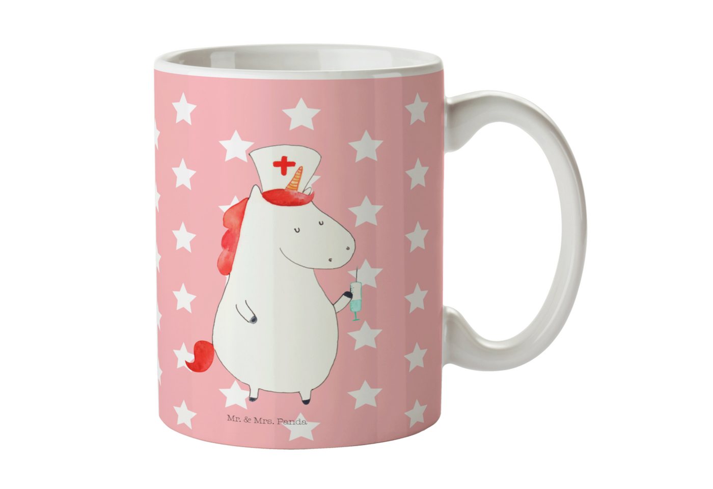 Mr. & Mrs. Panda Tasse Einhorn Krankenschwester - Rot Pastell - Geschenk, Krankenschwester G, Keramik, Exklusive Motive von Mr. & Mrs. Panda