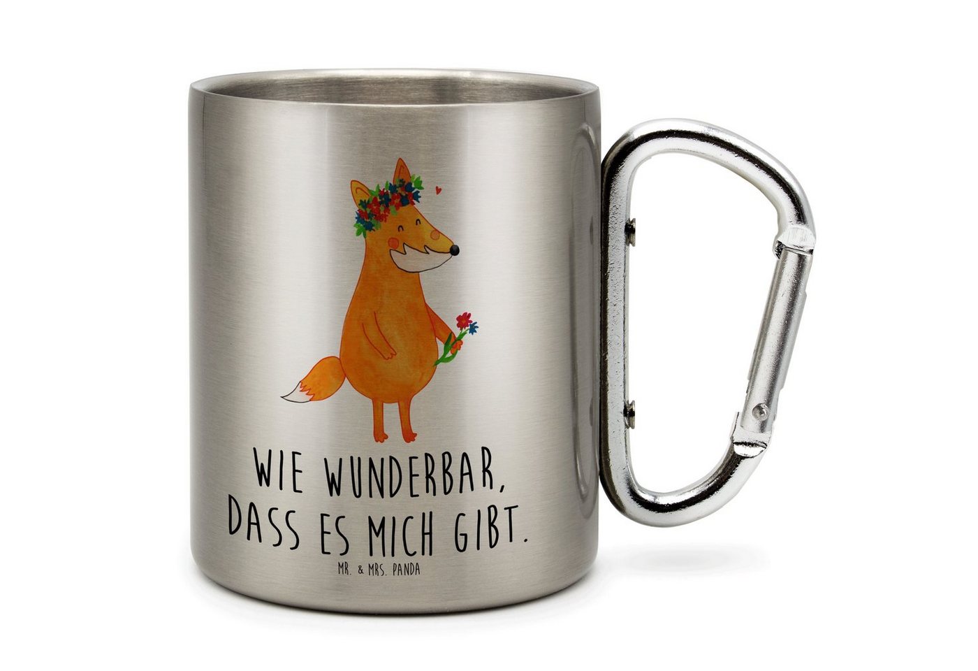 Mr. & Mrs. Panda Tasse Fuchs Blumen - Transparent - Geschenk, Blumenkranz, Becher, Camping, Edelstahl, Karabinerhaken von Mr. & Mrs. Panda