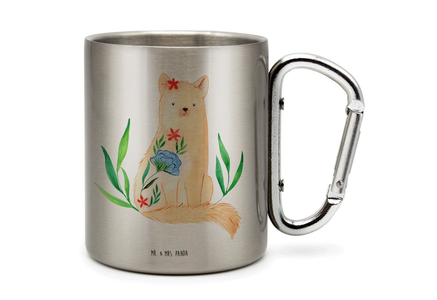 Mr. & Mrs. Panda Tasse Katze Blumen - Transparent - Geschenk, Katzenfreund, Kater, Karabiner, Edelstahl, Robust & Isolierend von Mr. & Mrs. Panda