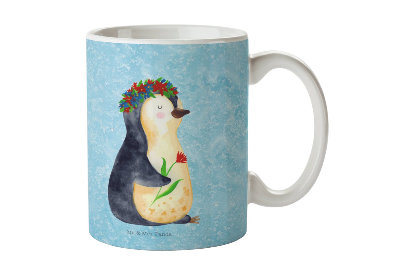 Mr. & Mrs. Panda Tasse Pinguin Blumen - Eisblau - Geschenk, Blumenkranz, Geschenk Tasse, Ges, Keramik, Exklusive Motive von Mr. & Mrs. Panda