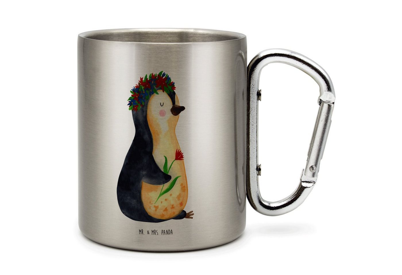 Mr. & Mrs. Panda Tasse Pinguin Blumen - Transparent - Geschenk, Karabiner, Lebensziele, Edel, Edelstahl, Karabinerhaken von Mr. & Mrs. Panda