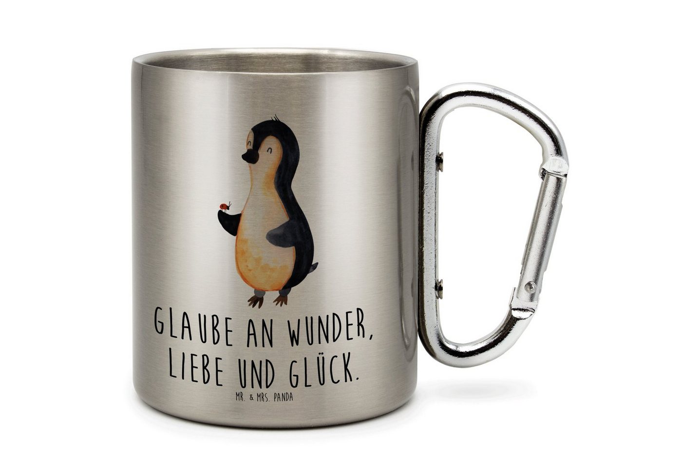 Mr. & Mrs. Panda Tasse Pinguin Marienkäfer - Transparent - Geschenk, Edelstahlbecher, Outdoo, Edelstahl, Karabinerhaken von Mr. & Mrs. Panda