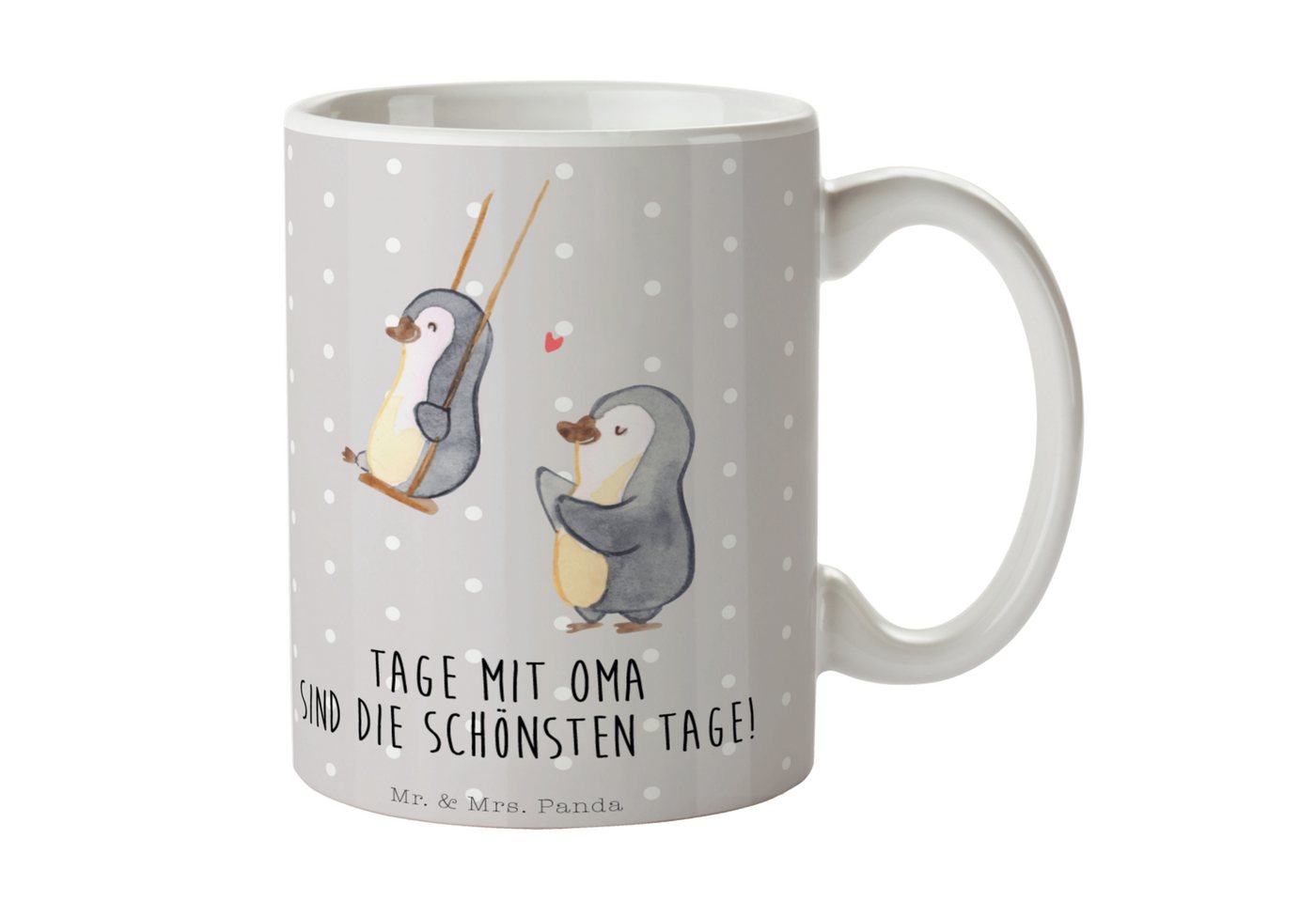Mr. & Mrs. Panda Tasse Pinguin Oma schaukeln - Grau Pastell - Geschenk, Kaffeetasse, Lieblin, Keramik, Einzigartiges Botschaft von Mr. & Mrs. Panda