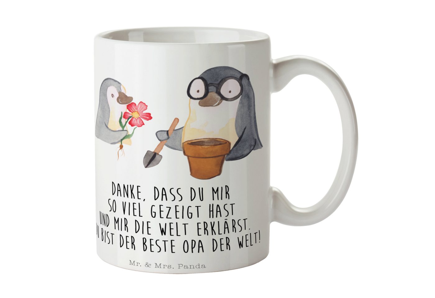 Mr. & Mrs. Panda Tasse Pinguin Opa Blumen pflanzen - Weiß - Geschenk, bester Opa, Keramiktas, Keramik, Brillante Bedruckung von Mr. & Mrs. Panda