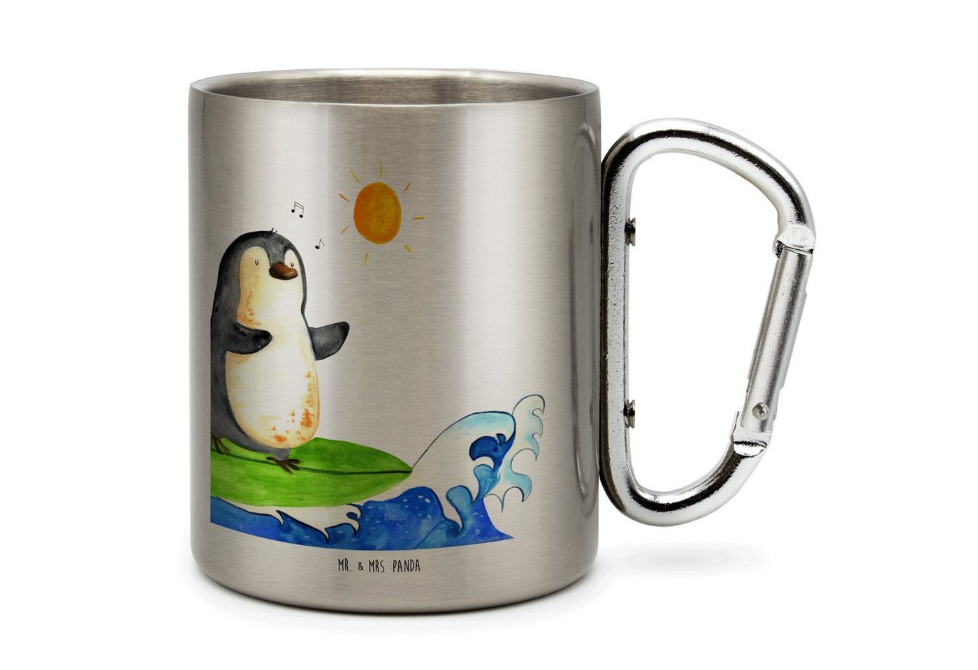 Mr. & Mrs. Panda Tasse Pinguin Surfer - Transparent - Geschenk, Edelstahltasse, Karabiner, P, Edelstahl, Karabinerhaken von Mr. & Mrs. Panda