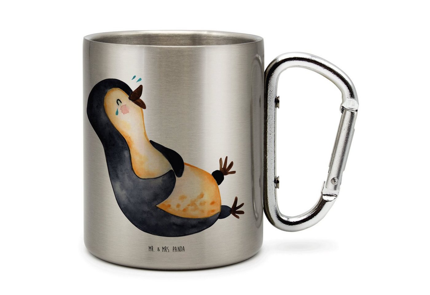 Mr. & Mrs. Panda Tasse Pinguin Lachen - Transparent - Geschenk, Freude, Optimismus, Fröhlich, Edelstahl, Karabinerhaken von Mr. & Mrs. Panda