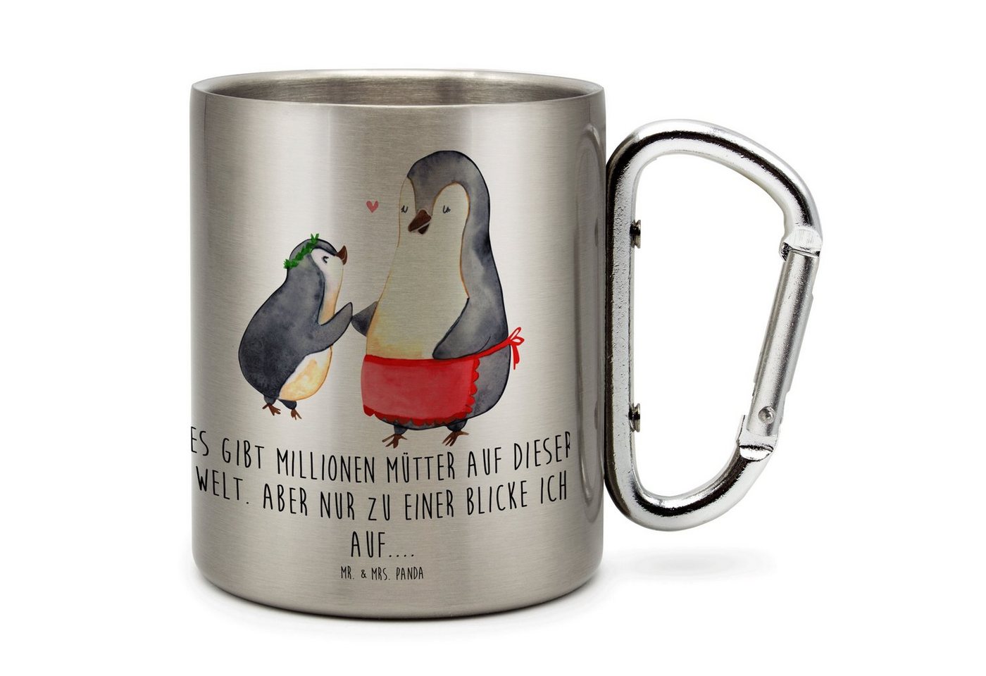 Mr. & Mrs. Panda Tasse Pinguin mit Kind - Transparent - Geschenk, Edelstahltasse, Danke Mama, Edelstahl, Karabinerhaken von Mr. & Mrs. Panda