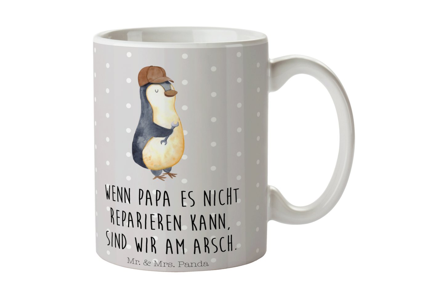 Mr. & Mrs. Panda Tasse Pinguin mit Schraubenschlüssel - Grau Pastell - Geschenk, Keramiktass, Keramik, Einzigartiges Botschaft von Mr. & Mrs. Panda