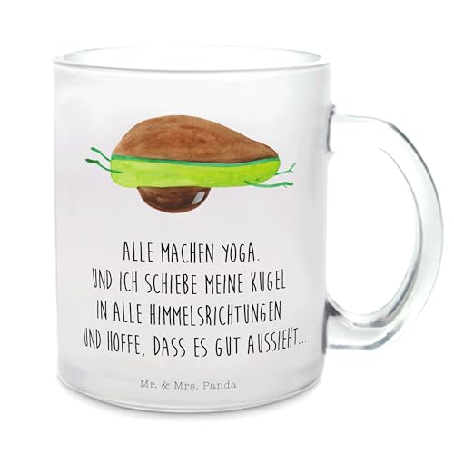 Mr. & Mrs. Panda Teetasse Avocado Yoga - Geschenk, Vegan, haha, Teebecher, Teetasse aus Glas, Glas Teetasse, Tasse mit Henkel, Avocado Yoga Vegan, von Mr. & Mrs. Panda