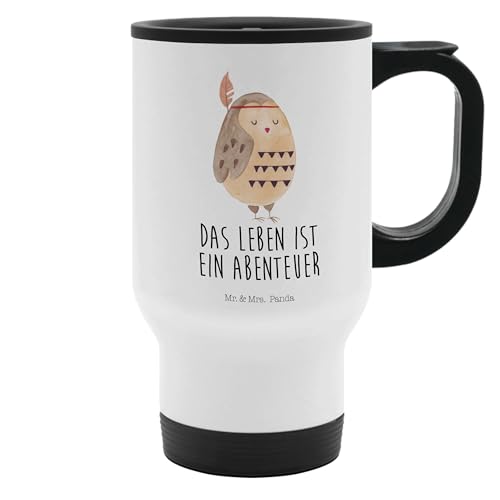 Mr. & Mrs. Panda Thermobecher Eule Federschmuck - Geschenk, To Go Becher, Das Leben ist ein Abenteuer, Tasse zum Mitnehmen, Thermotasse, entspannt, von Mr. & Mrs. Panda