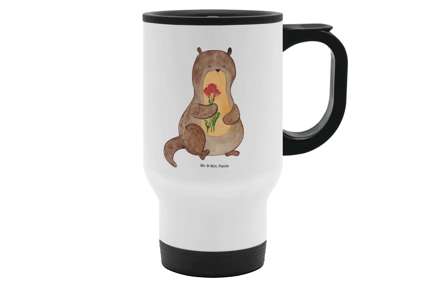 Mr. & Mrs. Panda Thermobecher Otter Blumenstrauß - Weiß - Geschenk, Tasse mit Deckel, niedlich, Ott, Edelstahl, Passt in Autohalter von Mr. & Mrs. Panda