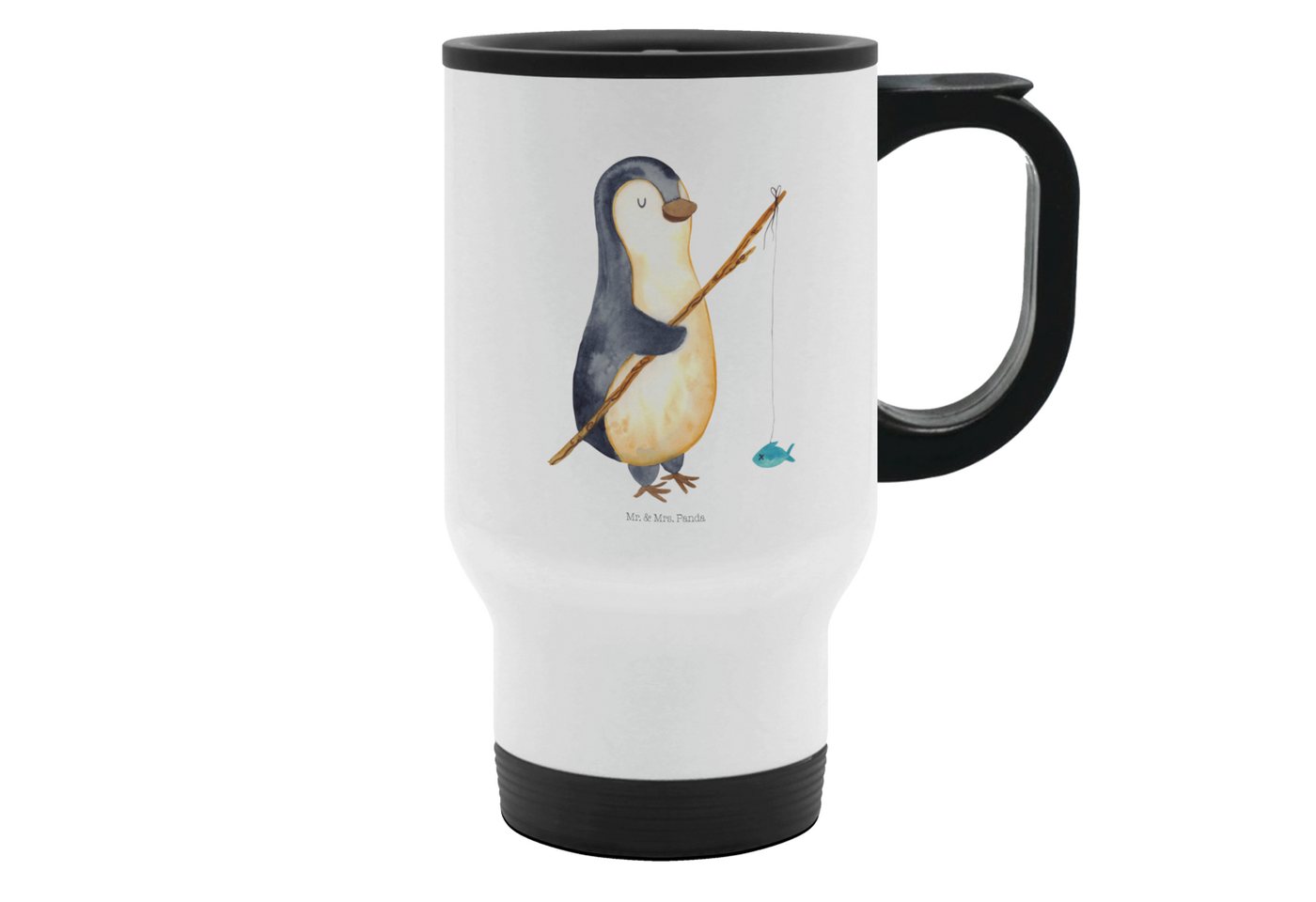 Mr. & Mrs. Panda Thermobecher Pinguin Angler - Weiß - Geschenk, To Go Becher, Thermobecher To Go, A, Edelstahl, Liebevolles Design von Mr. & Mrs. Panda