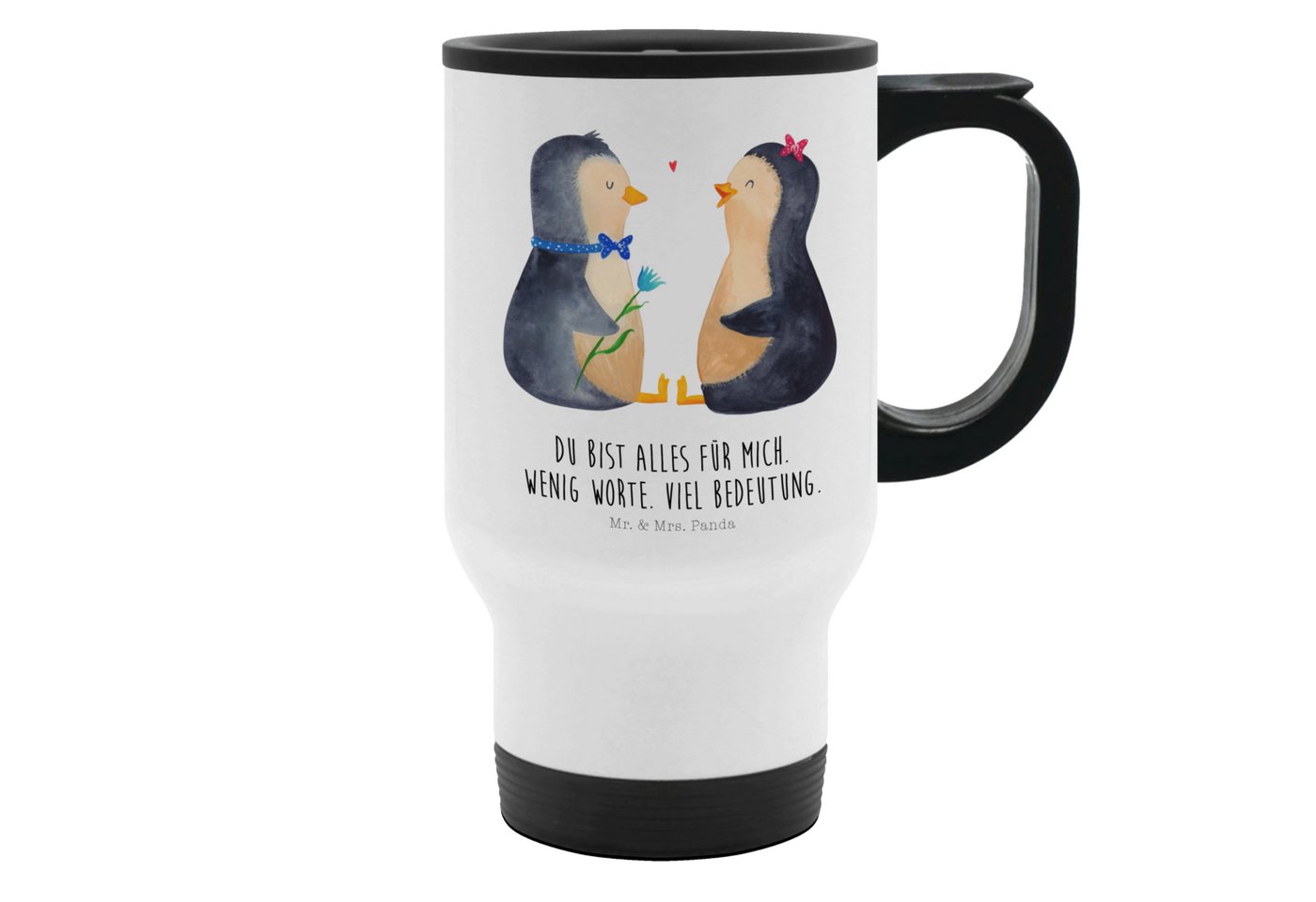 Mr. & Mrs. Panda Thermobecher Pinguin Pärchen - Weiß - Geschenk, Liebespaar, Traumpaar, Kaffeetasse, Edelstahl, Passt in Autohalter von Mr. & Mrs. Panda