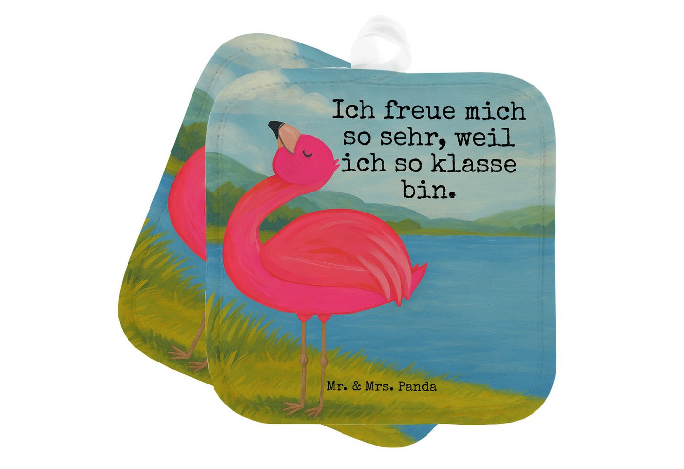 Mr. & Mrs. Panda Topflappen Flamingo Stolz Design, Topflappen, Weiß, Freude, backhandschuhe, Topf, (Packung, 1-tlg) von Mr. & Mrs. Panda