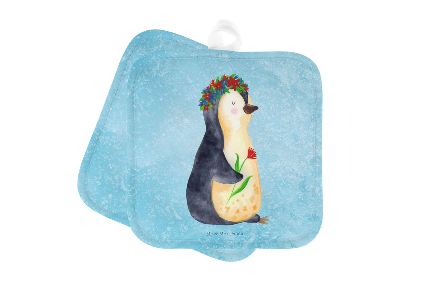 Mr. & Mrs. Panda Topflappen Pinguin Blumen - Eisblau - Geschenk, Blumenliebe, Ofenhandschuh, Topf, (1-tlg), Hitzebeständig von Mr. & Mrs. Panda