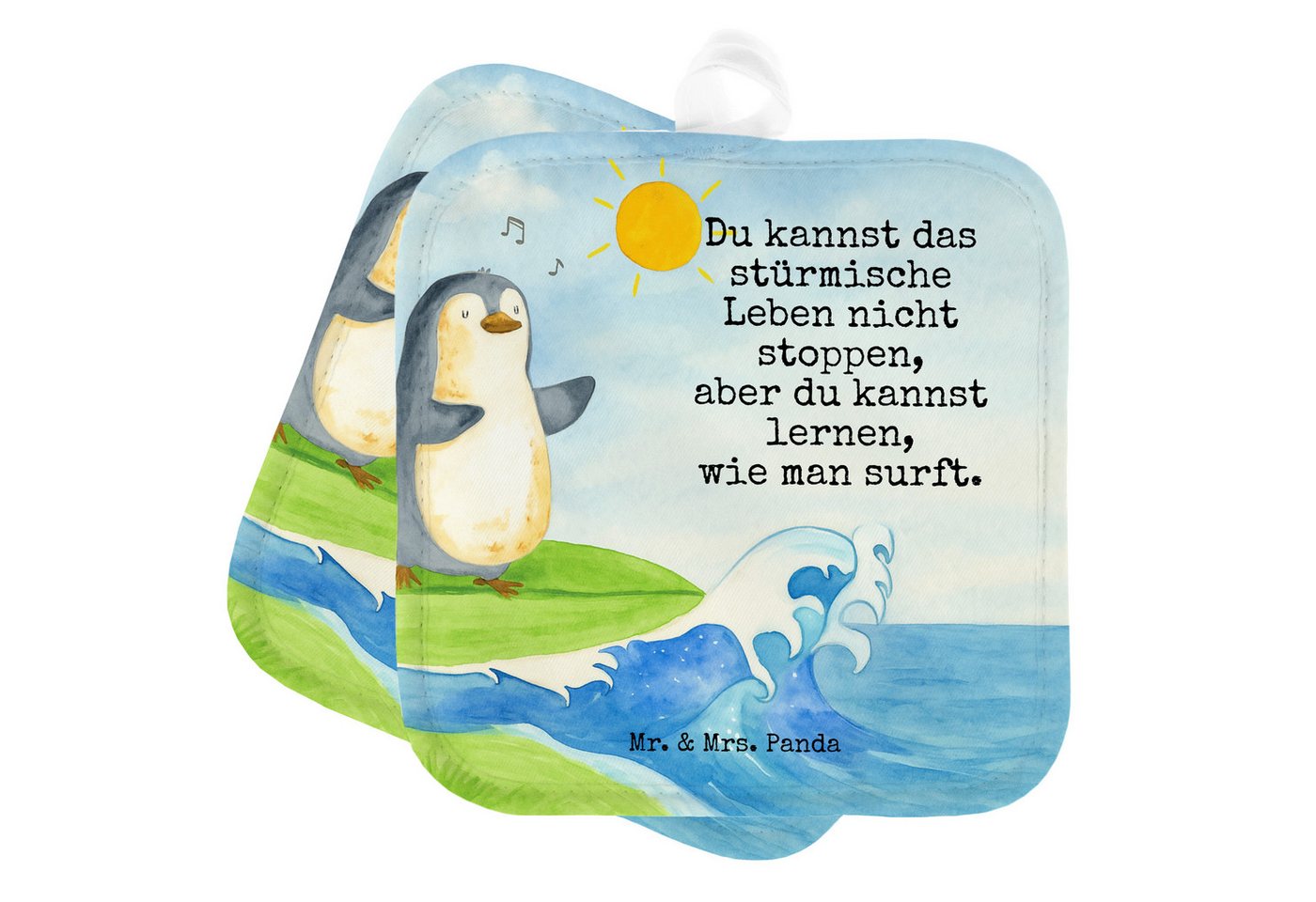 Mr. & Mrs. Panda Topflappen Pinguin Surfer Design, Topflappen, Weiß, Urlaub, Topfhandschuhe, Topf, (Packung, 1-tlg) von Mr. & Mrs. Panda