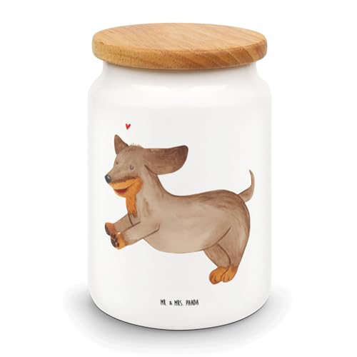 Mr. & Mrs. Panda Vorratsdose Hund Dackel fröhlich - Geschenk, Herz, Aufbewahrungsdose, Tierliebhaber, Leckerlidose, Keksdose, Sprüche, Dachshund, von Mr. & Mrs. Panda