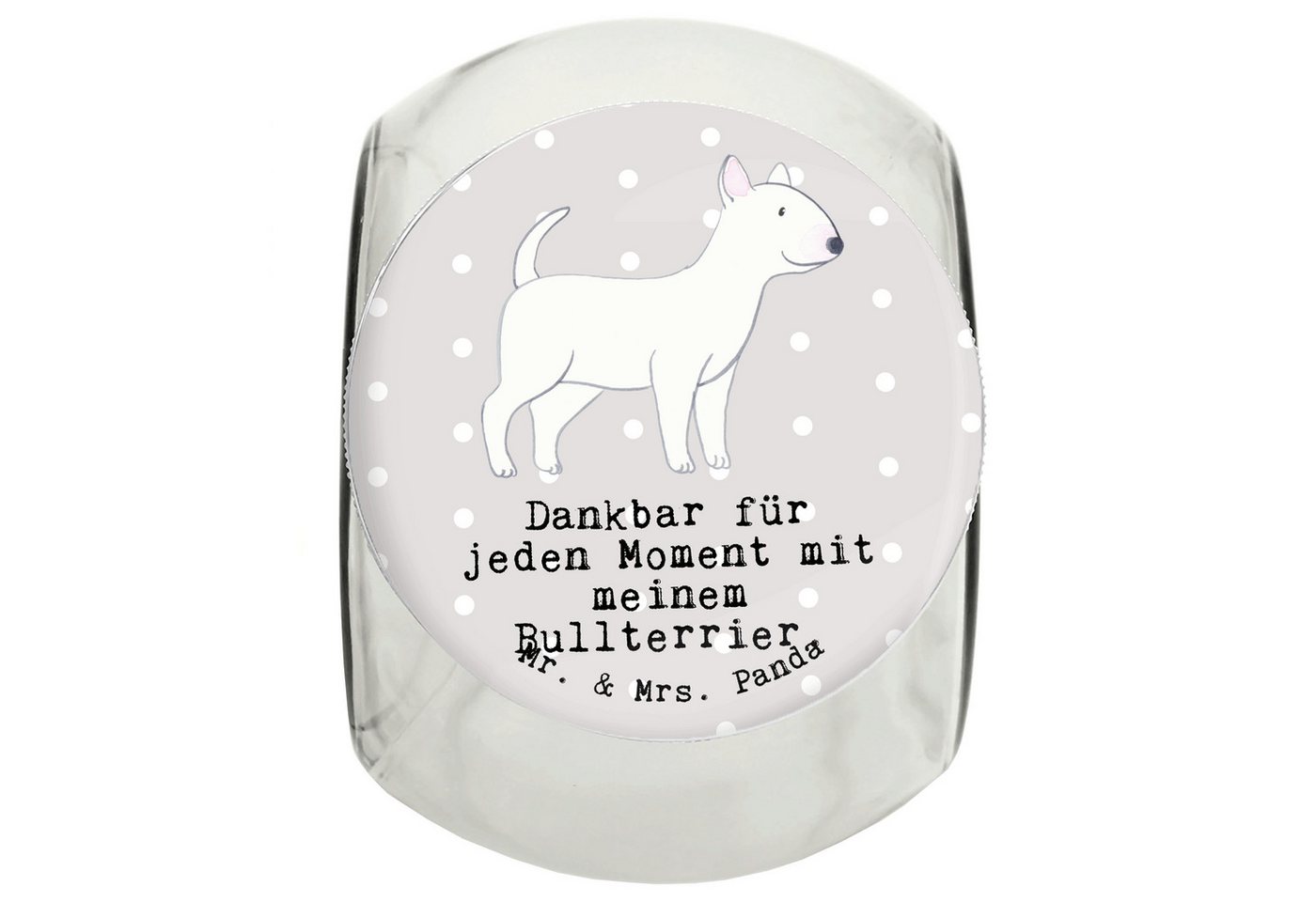 Mr. & Mrs. Panda Vorratsglas L 870ml Bullterrier Moment - Grau Pastell - Geschenk, Welpe, Leckerli, Premium Glas, (1-tlg), Robuster Deckel von Mr. & Mrs. Panda