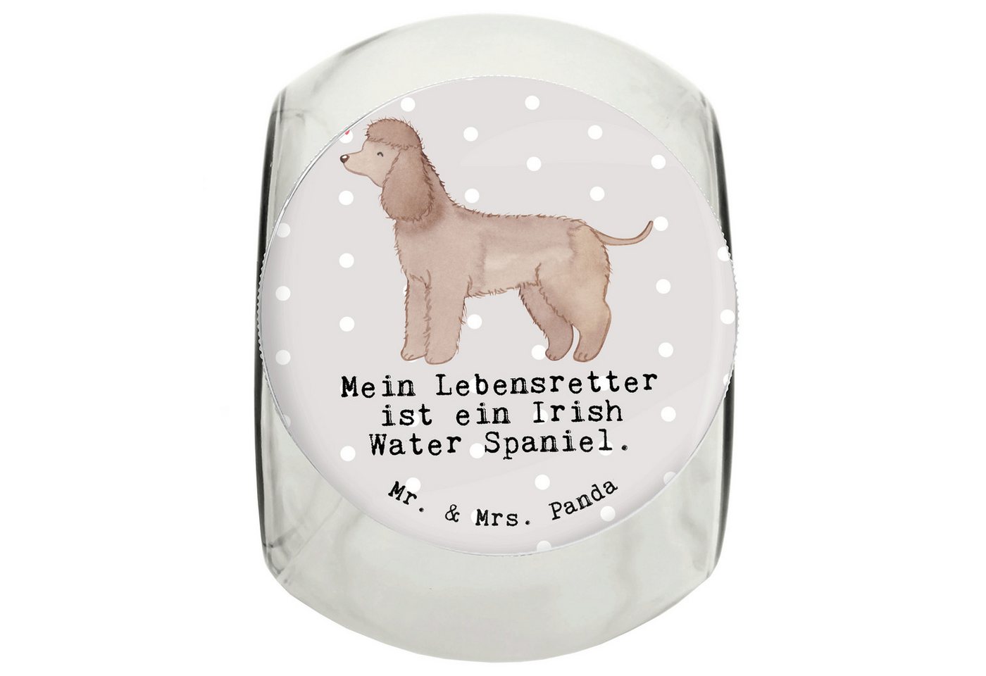 Mr. & Mrs. Panda Vorratsglas XL 2000ml Irish Water Spaniel Lebensretter - Grau Pastell - Geschenk, Premium Glas, (1-tlg), Vielseitig nutzbar von Mr. & Mrs. Panda