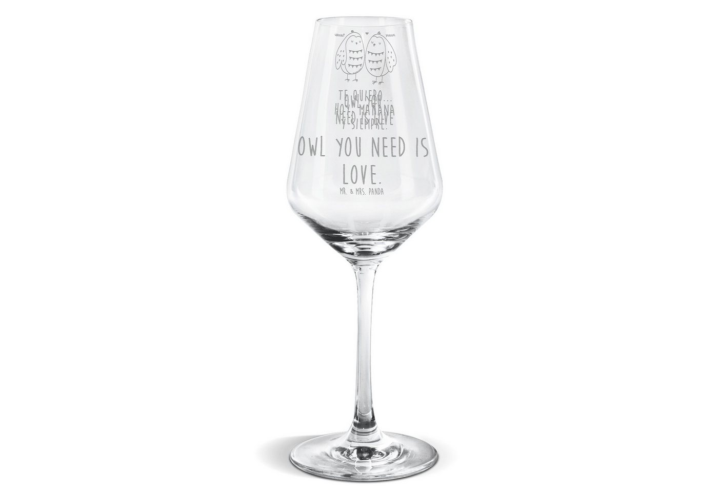 Mr. & Mrs. Panda Weißweinglas Eulen Liebe - Transparent - Geschenk, Weißweinglas, Pärchen, Hochwert, Premium Glas, Liebevoll gestaltet von Mr. & Mrs. Panda