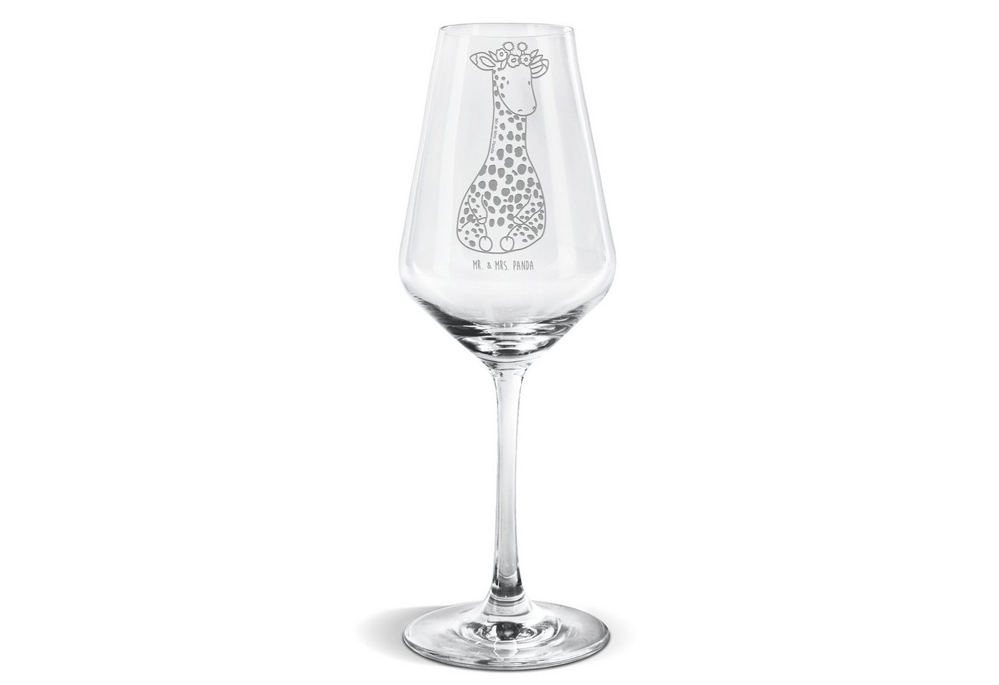 Mr. & Mrs. Panda Weißweinglas Giraffe Blumenkranz - Transparent - Geschenk, Weißweinglas, Hochwerti, Premium Glas, Liebevoll gestaltet von Mr. & Mrs. Panda