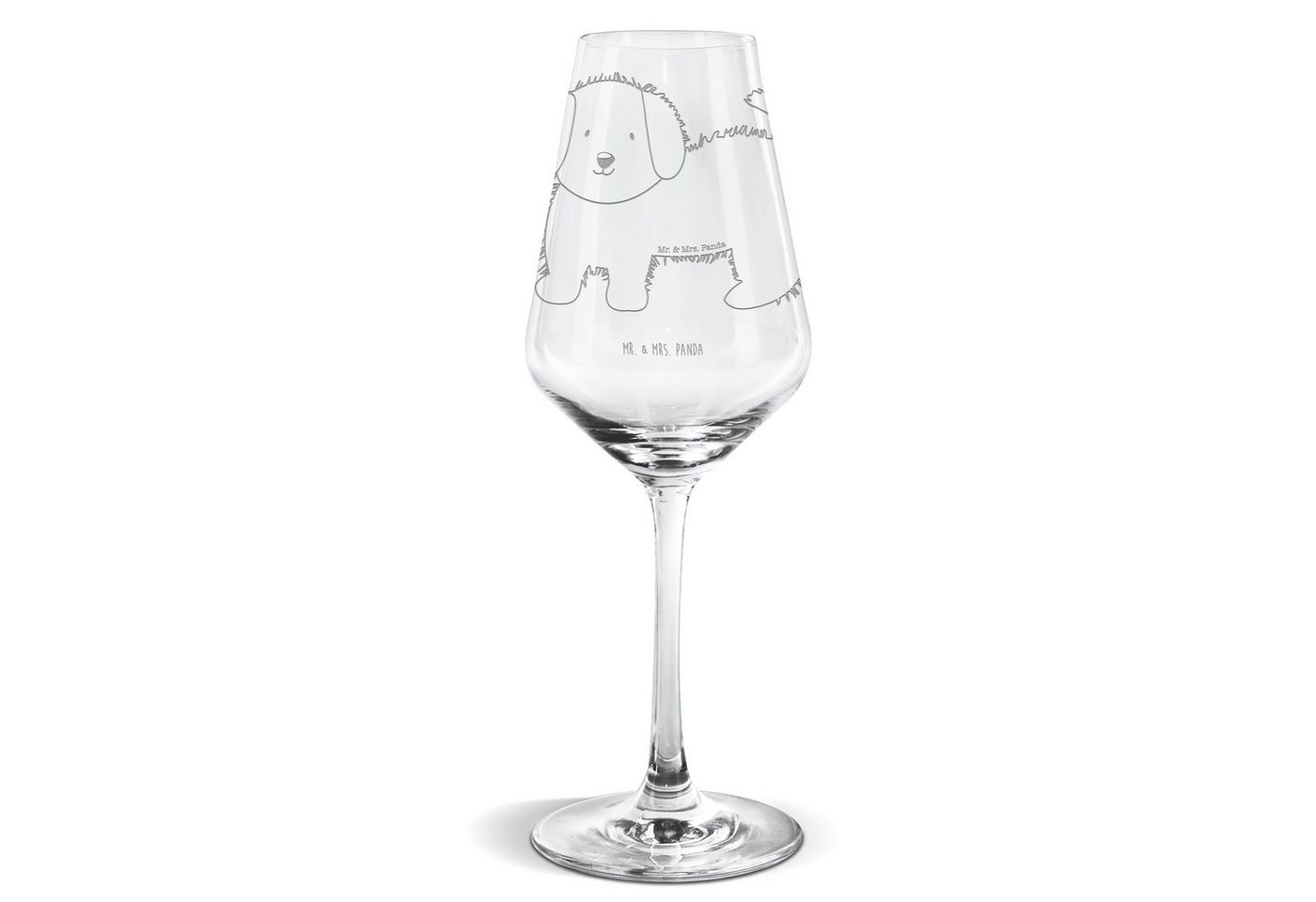 Mr. & Mrs. Panda Weißweinglas Hund flauschig - Transparent - Geschenk, Frauchen, Weinglas, Hochwert, Premium Glas, Einzigartig graviert von Mr. & Mrs. Panda