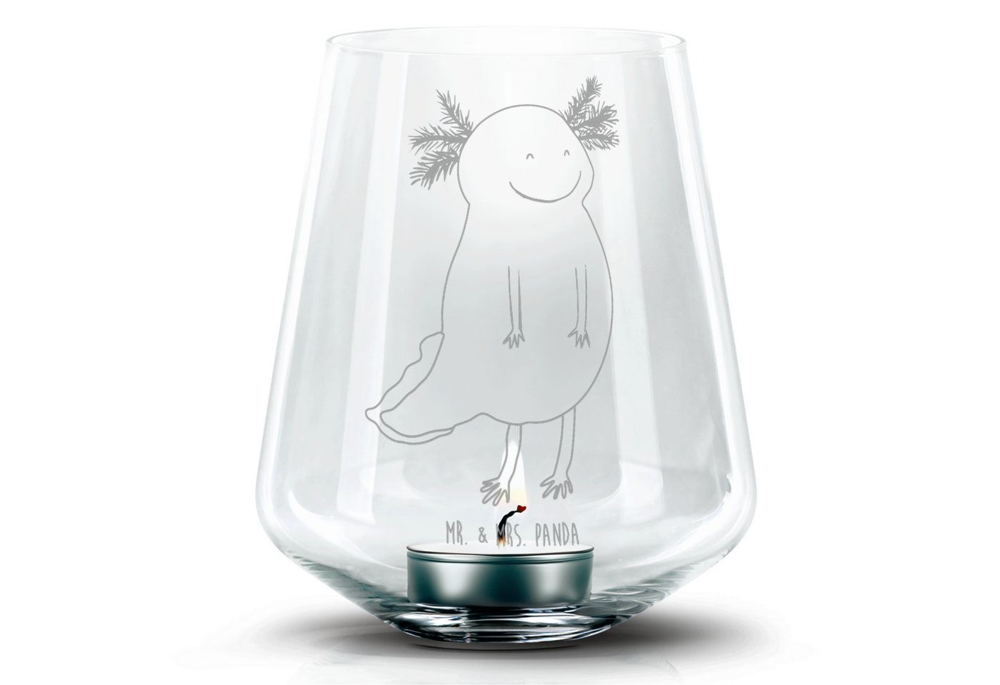 Mr. & Mrs. Panda Windlicht Axolotl Glücklich, Teelichtglas, Kerzenglas mit Gravur, Teelicht Glas (1 St), Individuelle Gravur von Mr. & Mrs. Panda