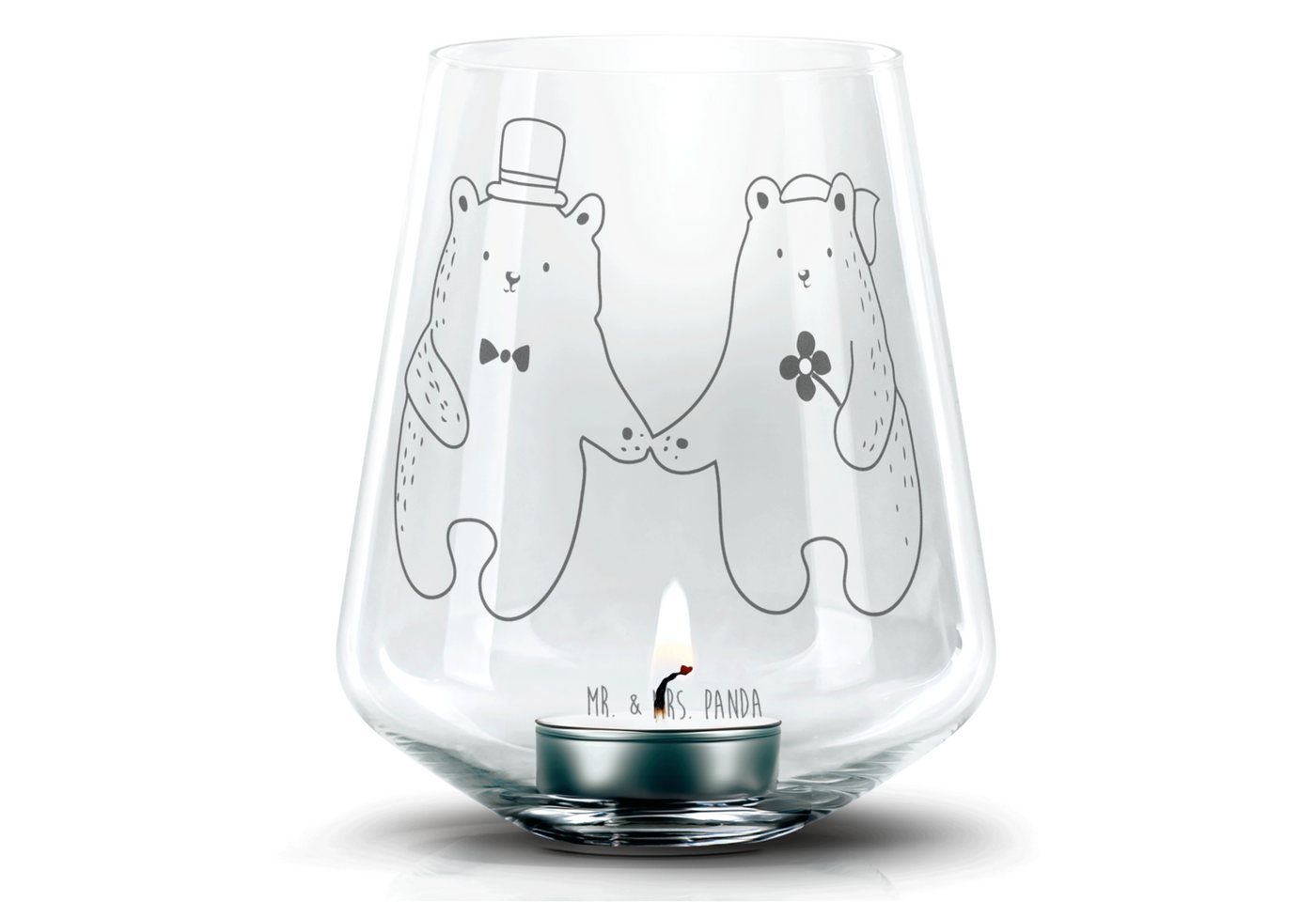 Mr. & Mrs. Panda Windlicht Bär Heirat - Transparent - Geschenk, Teddy, Teelichtglas, Teelicht Gl (1 St), Individuelle Gravur von Mr. & Mrs. Panda