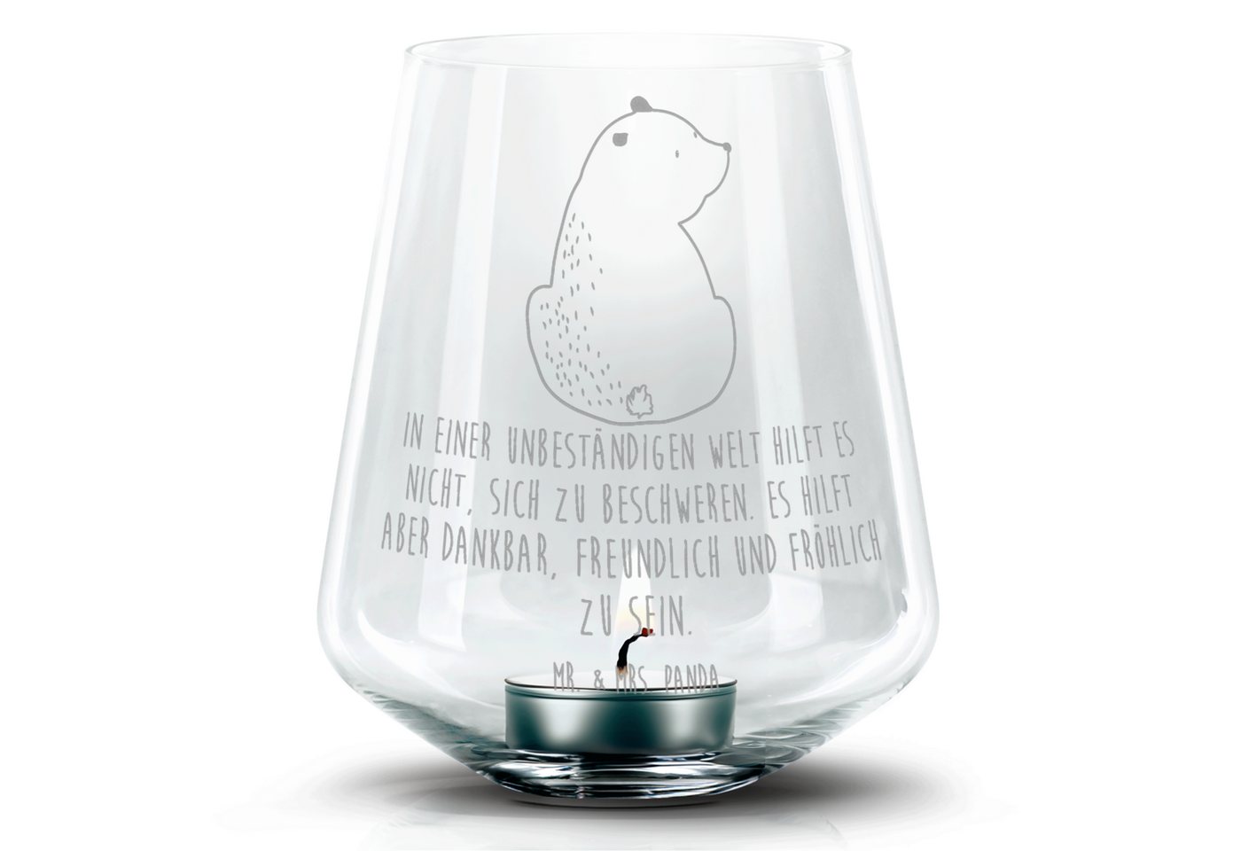 Mr. & Mrs. Panda Windlicht Bär Schulterblick - Transparent - Geschenk, Bärenliebe, Teelicht Glas (1 St), Magische Gravurmotive von Mr. & Mrs. Panda