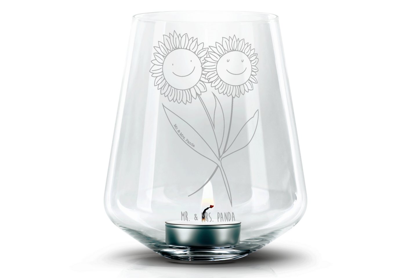Mr. & Mrs. Panda Windlicht Blume Sonnenblume - Transparent - Geschenk, Teelicht Glas mit Gravur, (1 St), Elegante Ausstrahlung von Mr. & Mrs. Panda