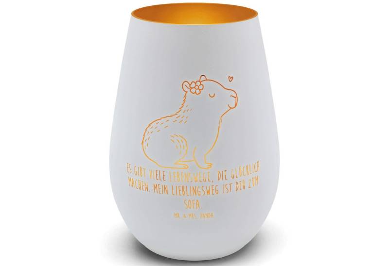 Mr. & Mrs. Panda Windlicht Capybara Blume, Teelichthalter Gold, Weiß, Windlicht Glas, Windlichte (Packung, 1 St) von Mr. & Mrs. Panda