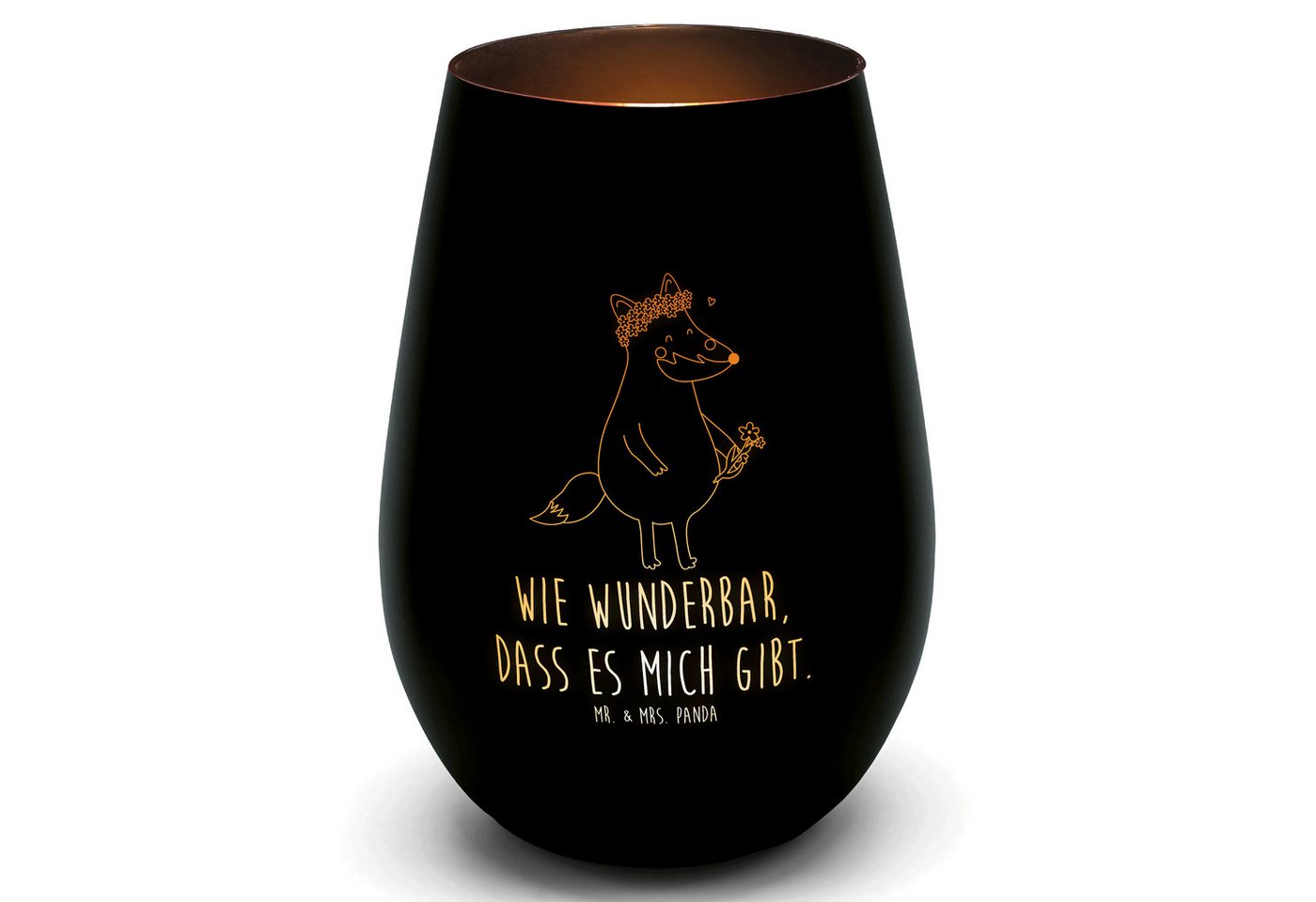 Mr. & Mrs. Panda Windlicht Fuchs Blumen - Schwarz - Geschenk, Graviertes Windlicht, Teelicht, Wi (1 St) von Mr. & Mrs. Panda