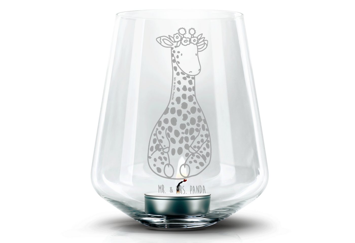 Mr. & Mrs. Panda Windlicht Giraffe Blumenkranz - Transparent - Geschenk, Afrika, Teelicht Glas m (1 St), Handarbeit mit Liebe von Mr. & Mrs. Panda